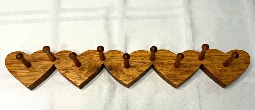 Vintage Oak Wood Heart Peg Rack Wall Hanger Country Cottage McFadden 5-Heart